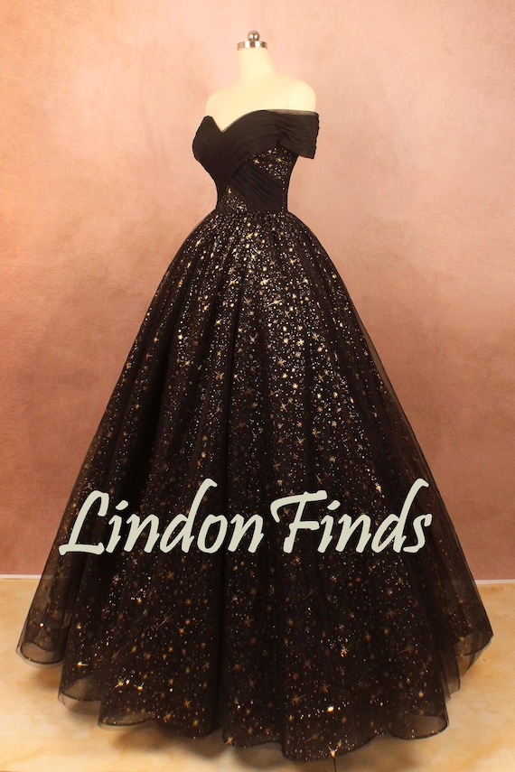 black prom dress with gold lace Black off the Shoulder a Line Wedding Ball Gown,gold Lace Prom Dress,beaded Lace Applique Wedding Gown,long Sleeve Bridal Dress