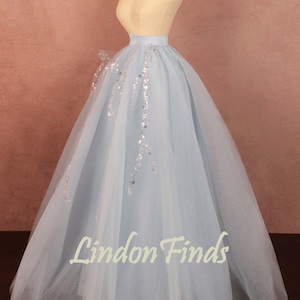Blue tulle wedding skirt beaded lace applique prom skirt,princess women skirt fairy party gown skirt
