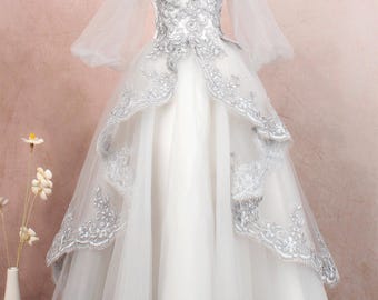 Silver off the shoulder wedding gown,long sleeve prom gown,lace applique ball gown,tulle floor length bridal gown