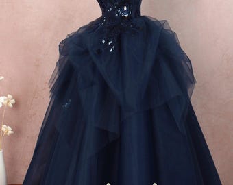 Elegant Navy tulle ball gown lace applique Graduation dress long formal evening party dresses