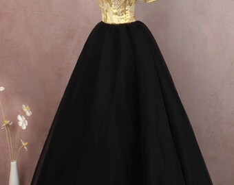 black lace dress with gold underlay Knee Length Black Wedding Dress with Gold Underlay and Sash
