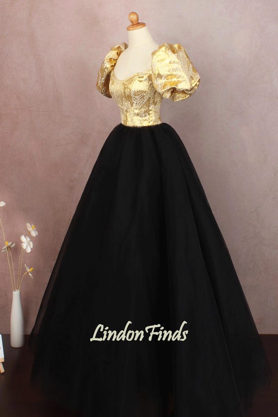 Black Tulle Prom Gown, Gold Printed Satin Ballgown - Etsy Ireland