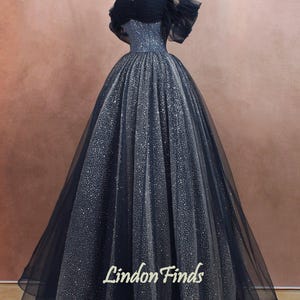 Navy sparkle tulle party ball gown,princess wedding gown,off the shoulder long prom dress fairy prom gown