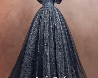 Navy sparkle tulle party ball gown,princess wedding gown,off the shoulder long prom dress fairy prom gown