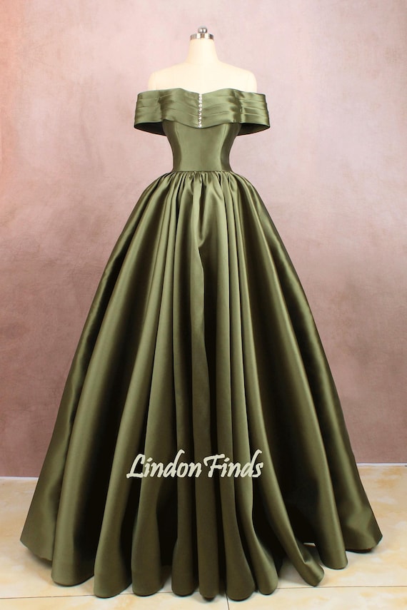 Olive-green Satin Floor Length Prom Dress,off the Shoulder Bridal Dress  Beaded a Line Evening Dress Princess Ball Gown - Etsy