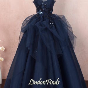 Luxury A Line Navy Blue Tulle 3D Flowers High Neck Long Evening Dress Ball Gown cc2420 main image 1
