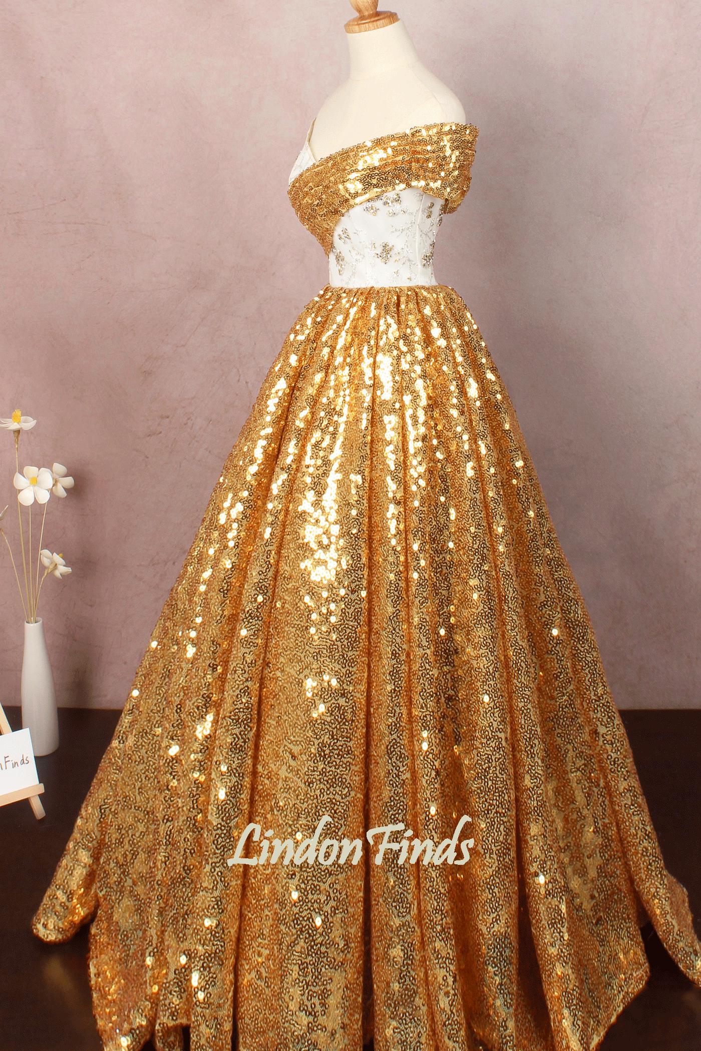 Gold Sequin Prom Dress, Ivory Lace Off-shoulder Evening Gown - Etsy
