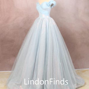 Blue Sequin custom ball gown,off the shoulder tulle wedding gown,fairy prom dress,handmade dresses