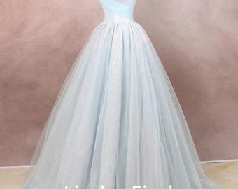 Blue Sequin custom ball gown,off the shoulder tulle wedding gown,fairy prom dress,handmade dresses
