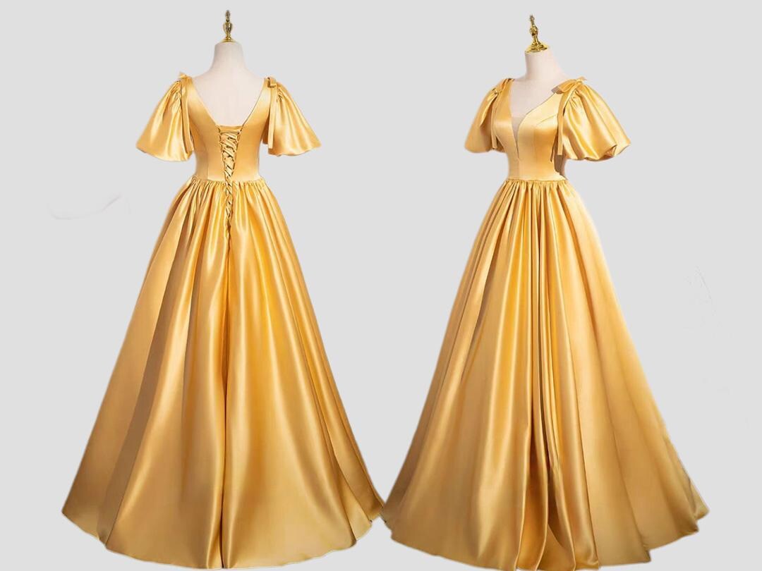 V-Neck Acetate Satin Girl's Dress with Bow Gold
