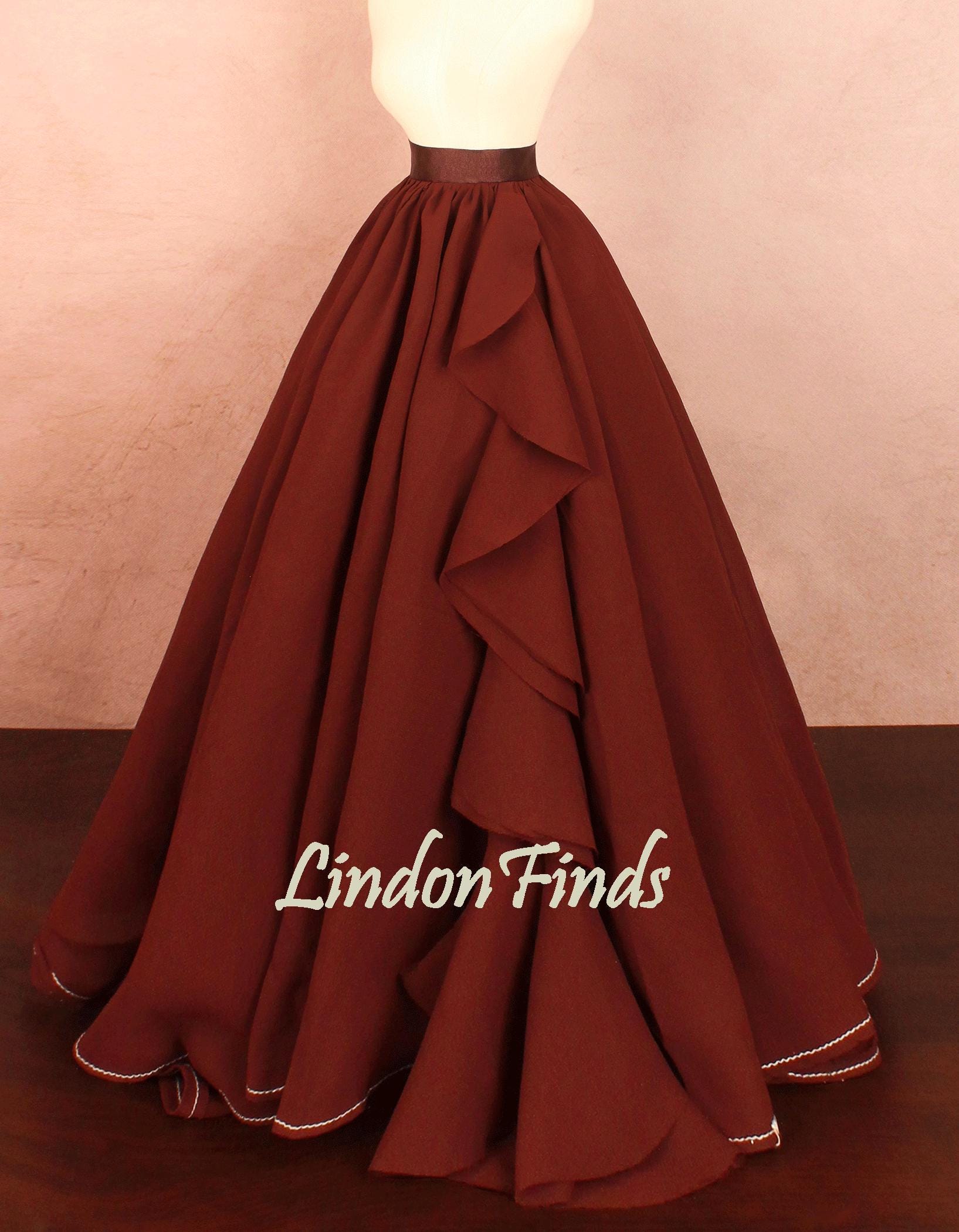 Burgundy Chiffon Prom Skirt,high Waist Party Skirt,draped Wedding