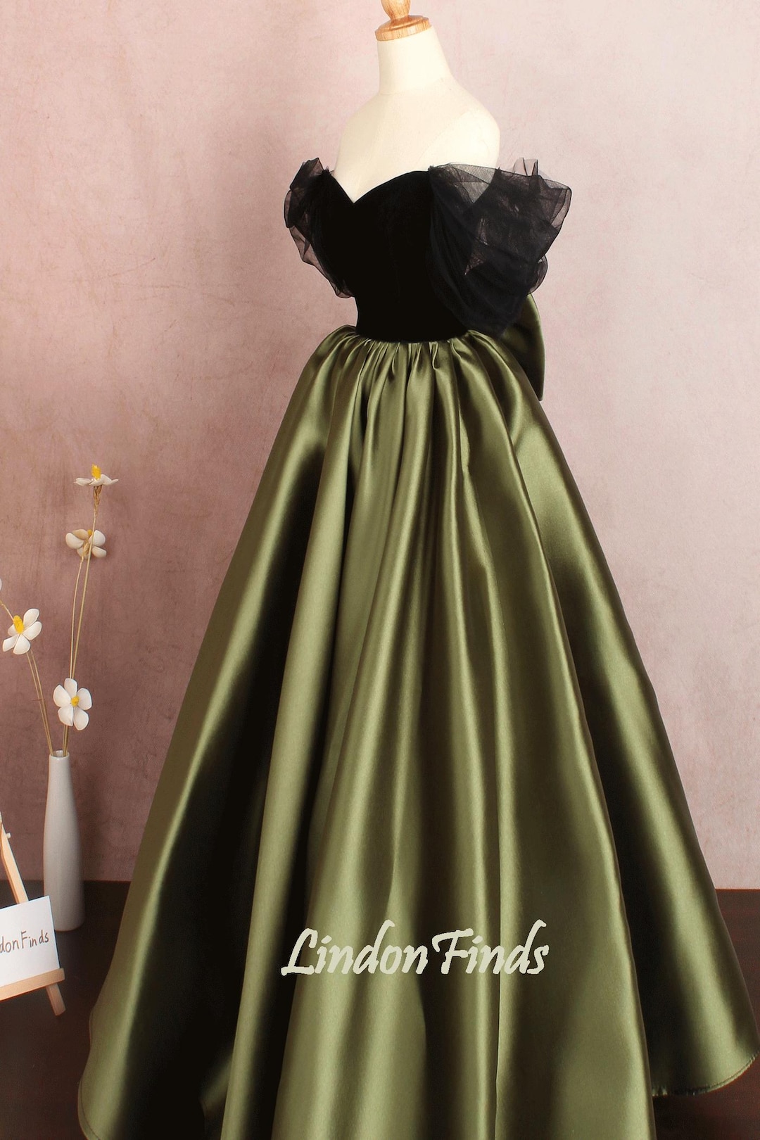 Green Satin Ball Gown Princess Evening Dress, Green Formal Dress Prom Dress