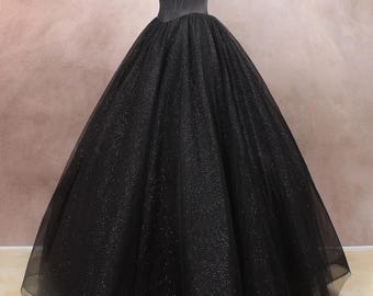 Abito da sposa boho in tulle nero, abito da sposa senza maniche, abito da sera formale senza spalline, abito da sposa da principessa