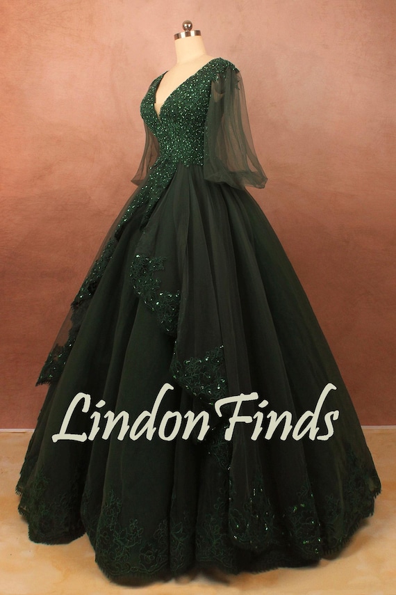 Dark green v neck tulle wedding dress,long sleeve prom dress,beaded bridal ball gown