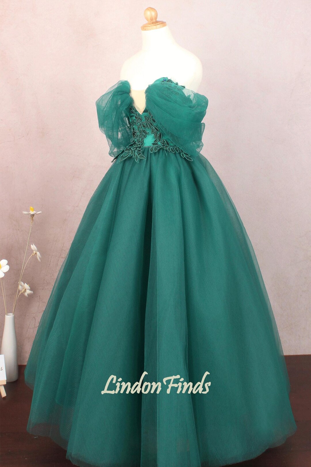 Beautiful Green Tulle With Lace Applique Formal Gown, Green Evening Prom Dress
