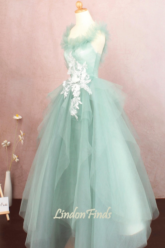 ivory green prom dress Sage Green Tulle A-line Strapless Sweetheart Neck Prom Dresses With Slit, MP936