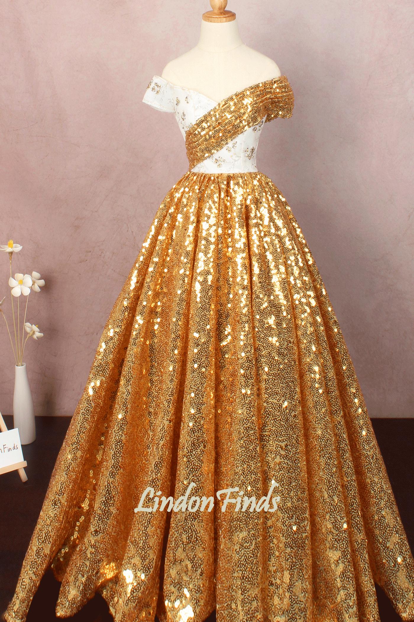 gold ivory prom dress Strapless Long Sequin Prom Dress with Lace-Up Back PromGirl