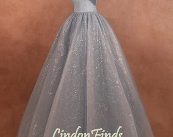 Gray Sparkle Lace Ball Gown, Off Shoulder Tulle Prom Dress