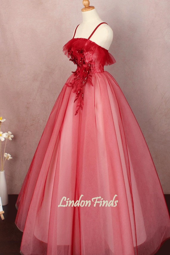 Burgundy Tulle Ball Gown: Lace Applique Wedding, Prom Dress - Etsy