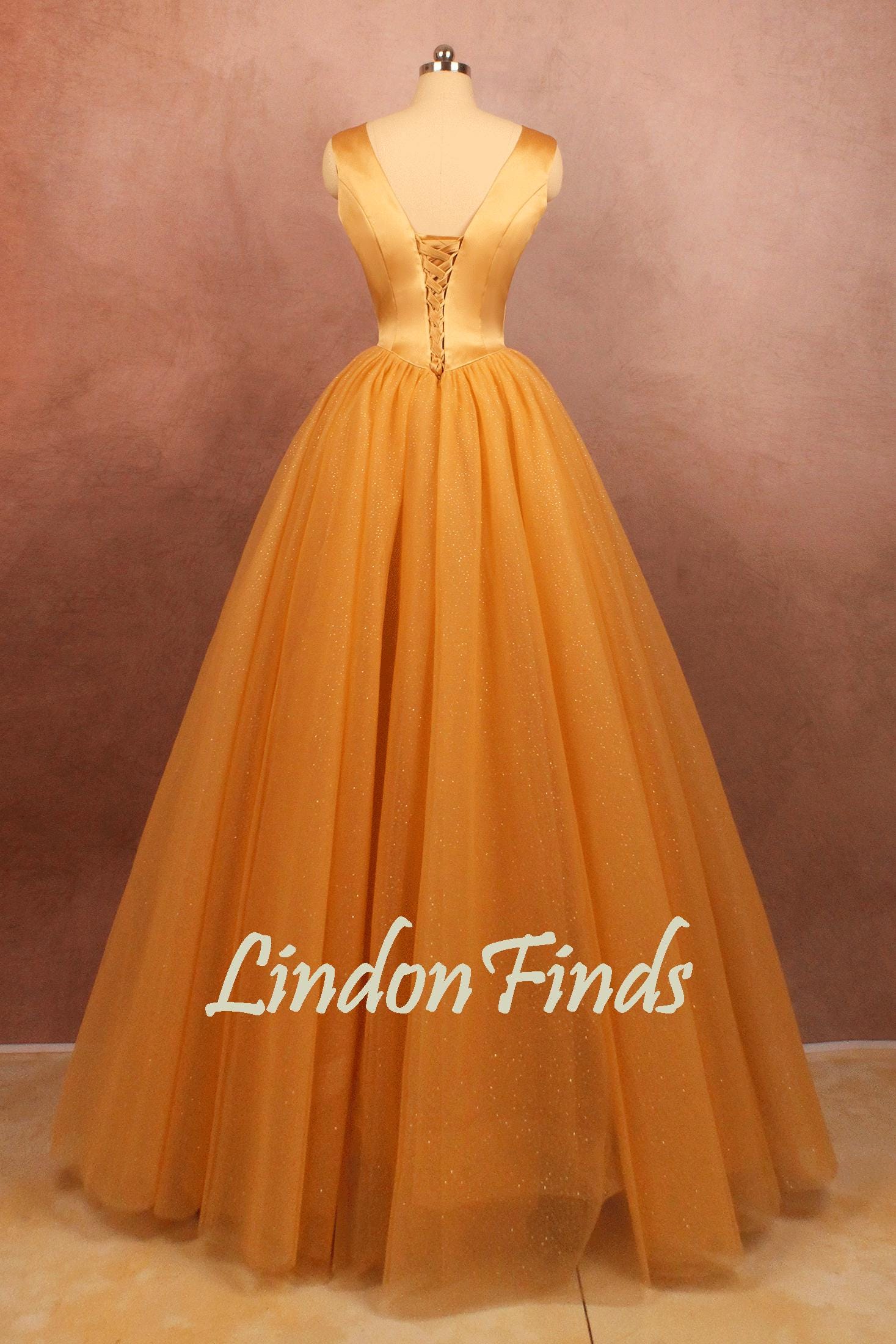 Gold Tulle Prom Dress, Slit Ball Gown, Sleeveless Princess Gown