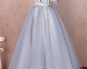 Gray tulle wedding dress Organza ball gown beaded full prom gown princess formal evening dress