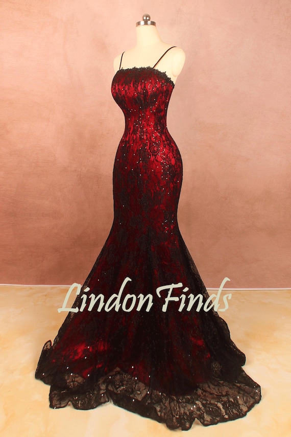 burgundy and black prom dress lace mermaid dress,Burgundy Spaghetti strap Stretch satin evening Lace Up Back Embellishment Gretchen Women's Black Feather Trim Width:Medium