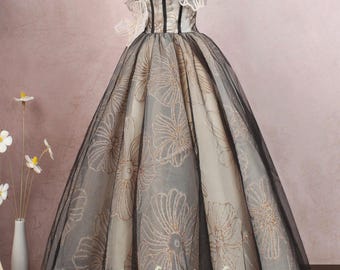 Black and champagne floor length party ball gown,lace prom gown flower formal dress women evening dress