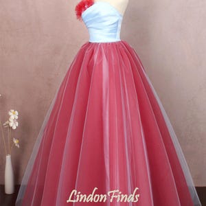Burgundy and Blue tulle wedding gown,strapless prom gown,plus size ball gown,3D flower bridal dress