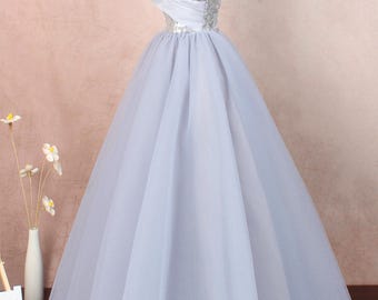 Gray Tulle Sequin Prom Gown - Off Shoulder A-Line Formal Dress