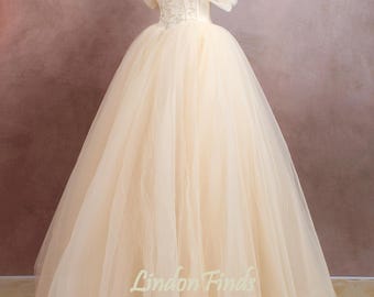 Champagne off the shoulder prom dress Butterfly applique wedding dress ruffle full formal dress