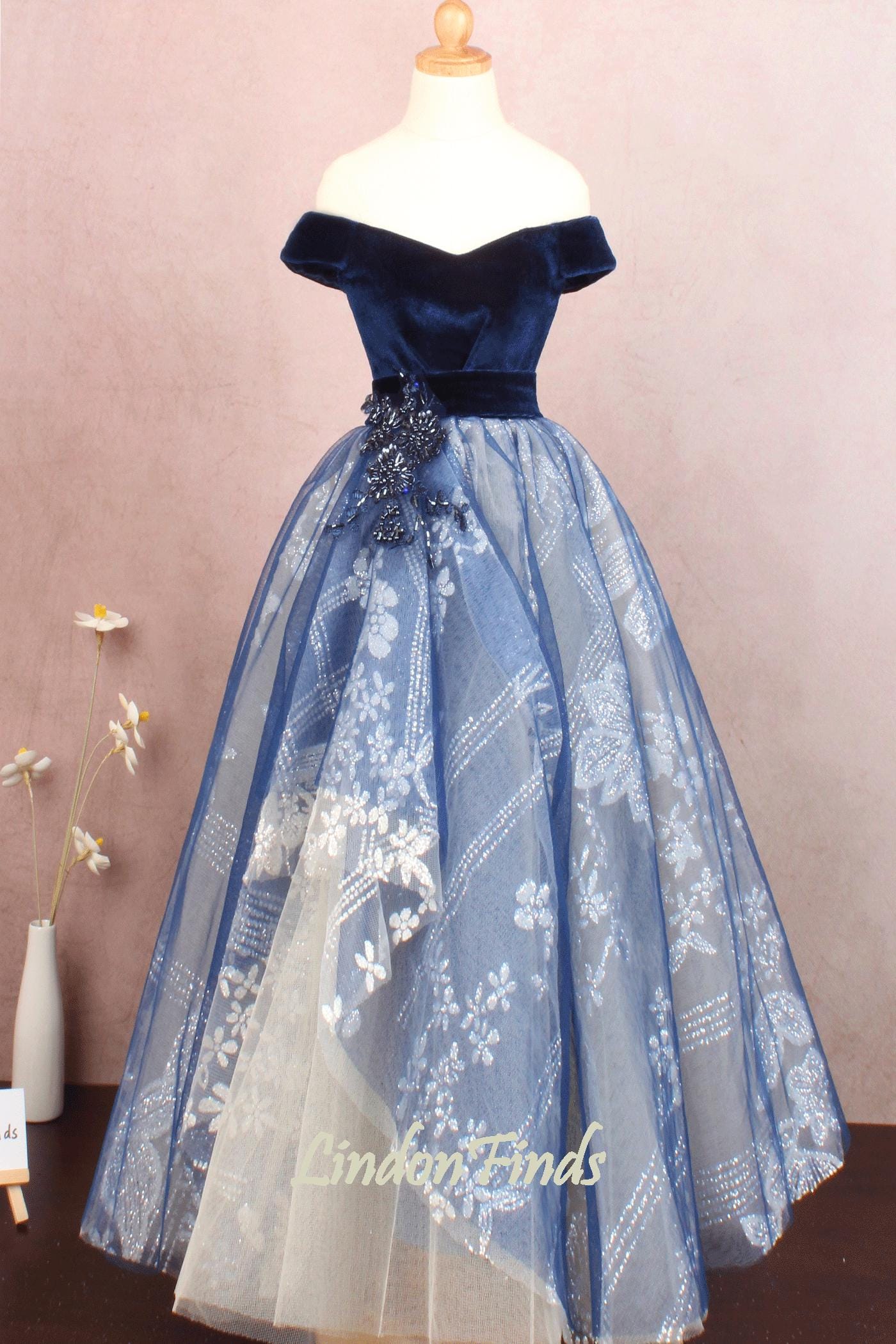 Navy velvet floor length ball gown,off the shoulder wedding gown,lace formal prom dress