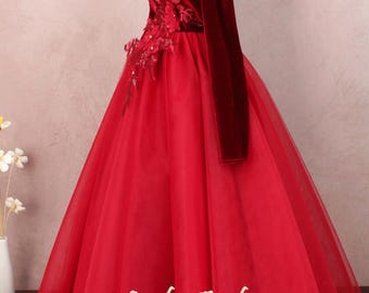 Burgundy Velvet Off-Shoulder Gown, Lace Applique Formal Dress