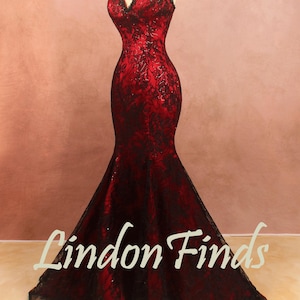 May include: A floor-length mermaid dress featuring a deep red base layer with a black lace overlay, thin spaghetti straps, and a sweetheart neckline. The dress is adorned with sequins and displays the text Lindon Finds across the lower section.