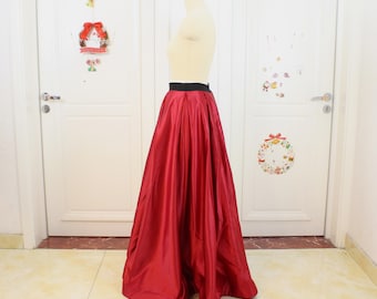 Burgundy Satin Skirt With Pockets, Long Formal Party Skirt, Custom Waist