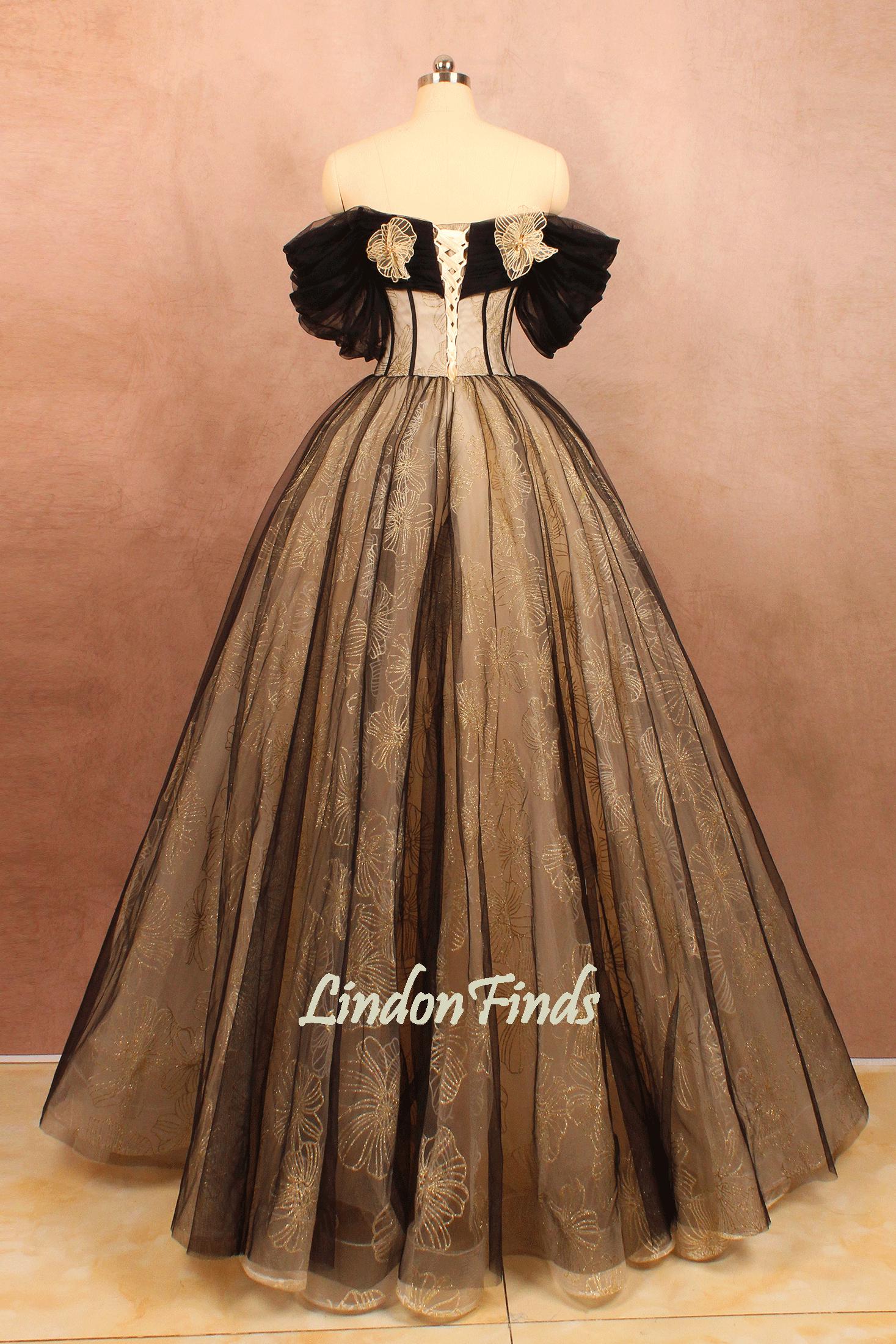 Black and Champagne Flower Lace Ball Gown, Prom Dress