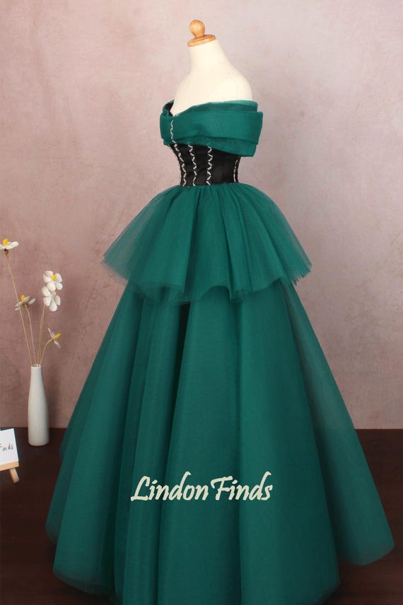 Dark Green Tulle Ball Gown, Beaded Off-shoulder Prom Dress