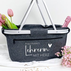 Abschiedsgeschenk Lehrerin Grundschule, Geschenk Klassenlehrerin Schule Abschied, Lehrerin mit Herz Korb, Lehrer Geschenk Einkaufskorb
