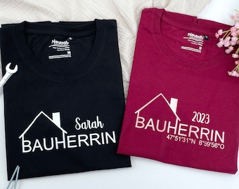 Bauherrin Shirt Damen | optional mit Koordinaten | Geschenk Hausbau Grundsteinlegung Richtfest - TShirt Baufrau | Bauherren