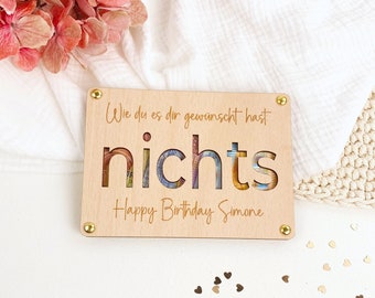 Geldgeschenk Geburtstag Nichts, personalisierte Geburtstagskarte Holz Nix, Geld verschenken Karte, Geldgeschenkkarte Holz, runder Geburtstag