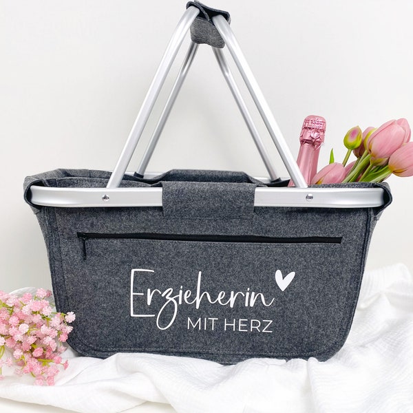 Abschiedsgeschenk Erzieherin Kindergarten, Geschenk Erzieherin Kita Abschied, Erzieherin mit Herz Korb, Erzieher Geschenk Einkaufskorb