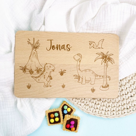 Personalisiertes Dino Frühstücksbrettchen Aus Holz - Individuelles Geschenk Für Kinder
