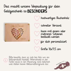 Geldgeschenk Hochzeit personalisiert Geschenkkarte Holz, Geschenkverpackung Geld Herz, Geschenk Brautpaar, Hochzeitsgeschenk image 4