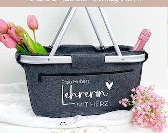 Abschiedsgeschenk Lehrerin Grundschule, Geschenk Klassenlehrerin Schule Abschied, Lehrerin mit Herz Korb, Lehrer Geschenk Einkaufskorb