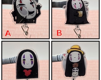 May include: Four different character designs on retractable badge holders. The designs are No Face from Spirited Away, a black and white cat with a drink, No Face with a heart, and No Face with a bear and two pandas.