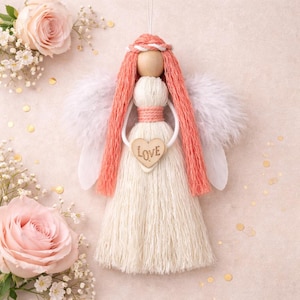 Handmade Guardian Angel Doll, Macrame Wall Hanging, Yarn Feather Decoration