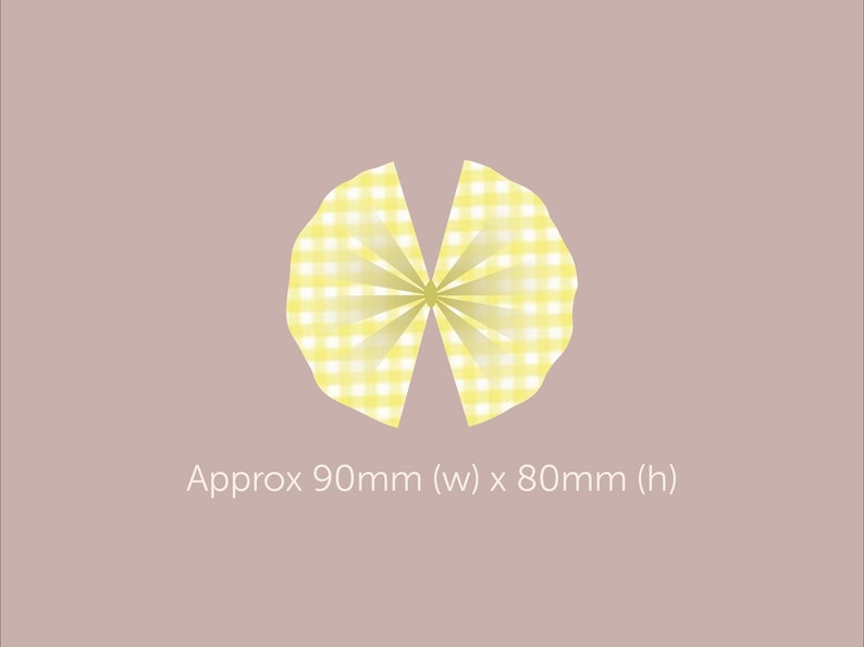 May include: A yellow and white gingham bow, approximately 90mm wide by 80mm high.