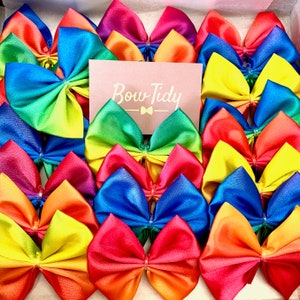 May include: A box filled with colorful satin bows in a rainbow of hues, including red, orange, yellow, green, blue, and purple. A pink card with the text "Bow Tidy" is centered among the bows. The bows are neatly arranged, creating a vibrant display.