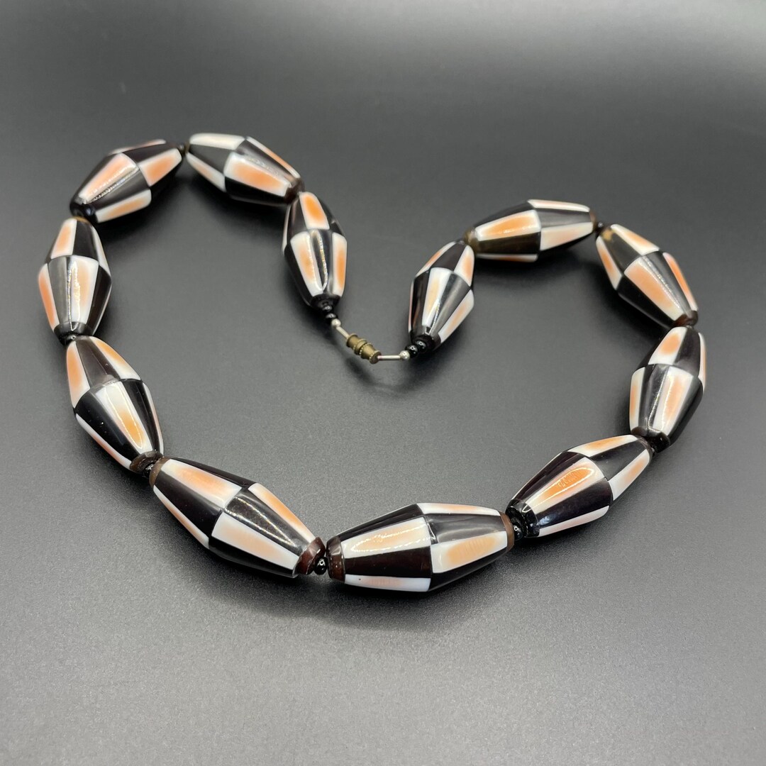 Checquered Shell Vintage Unusual Composite Chunky Bead Necklace With Black Glass or ...