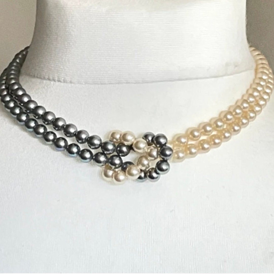 Vintage Faux Pearl Double Strand Necklace With Monochrome Black and ...