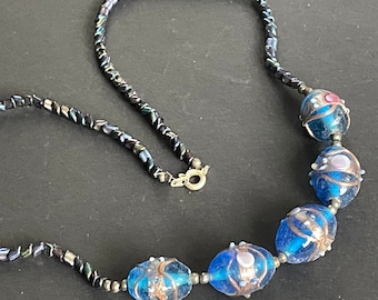Vintage Venetian style wedding cake glass bead necklace, beautiful blue, gold, pink and white colours with Murano style glass decoration